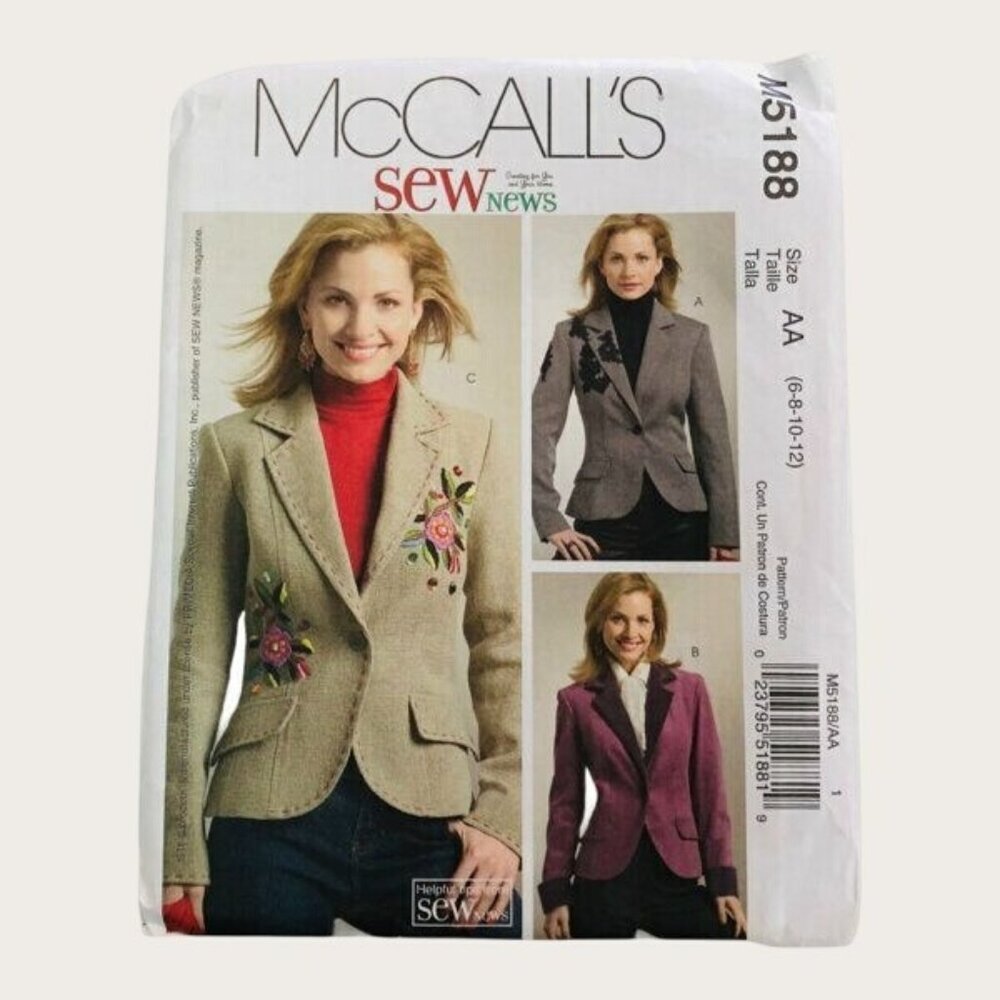 McCalls Sewing Pattern 5188 Misses Lined Jacket Size 6-12 Uncut